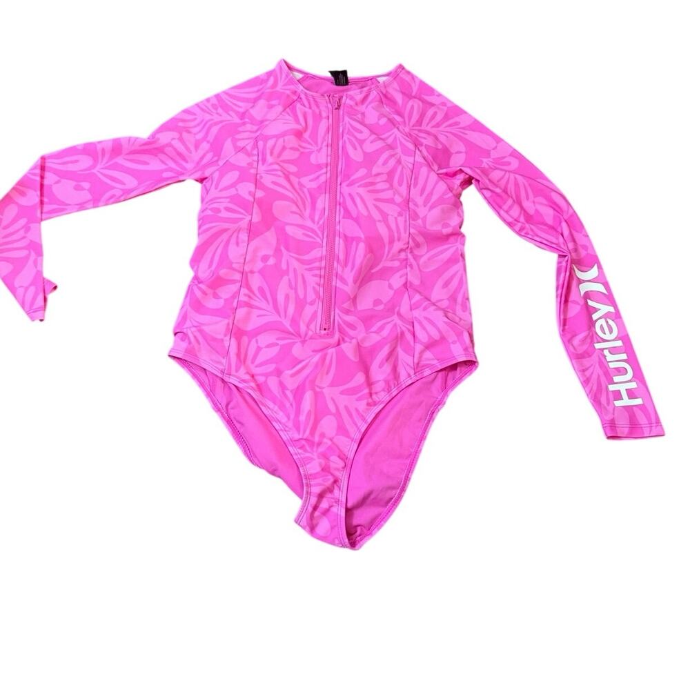 Hurley Girls Pink Tropical Print Long Sleeve One-Piece Rash Guard Swimsuit
XL